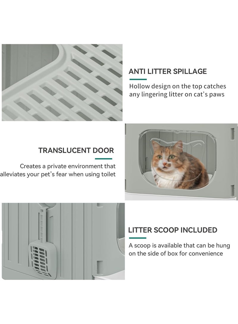 م اكس م صندوق فضلات القطط والحيوانات الأليفة كبير مع غطاء، صندوق فضلات قابل للطي مع درج قابل للسحب، صينية مرحاض القطط المضادة للرذاذ، تصميم سهل التنظيف مع مغرفة وفرشاة رمادي/أبيض (رمادي، كبير) - Image 4